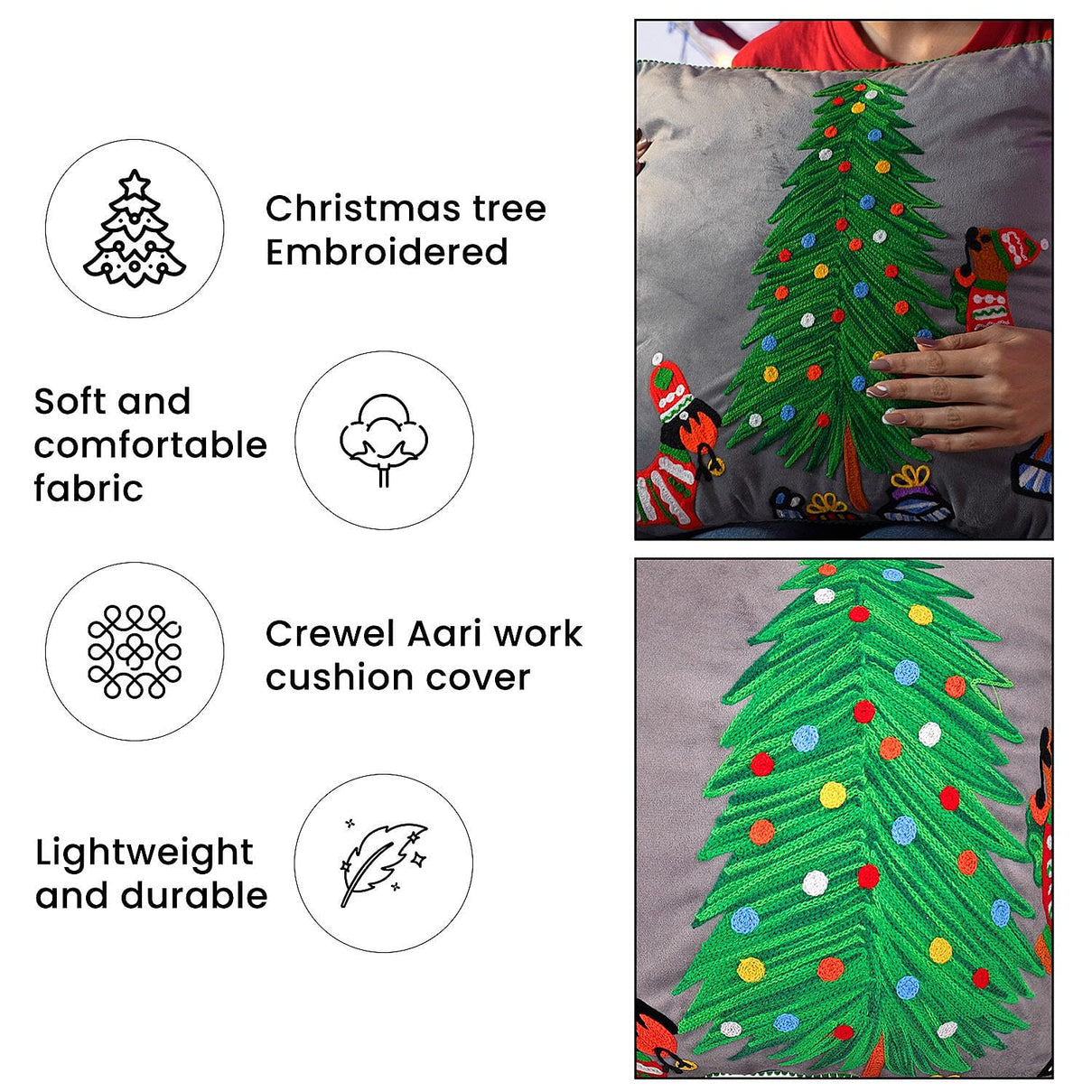 Cotton Christmas Tree-Dogs Embroidered Cushion Cover (Size 45 Cm) - Dark Grey 8962103 3