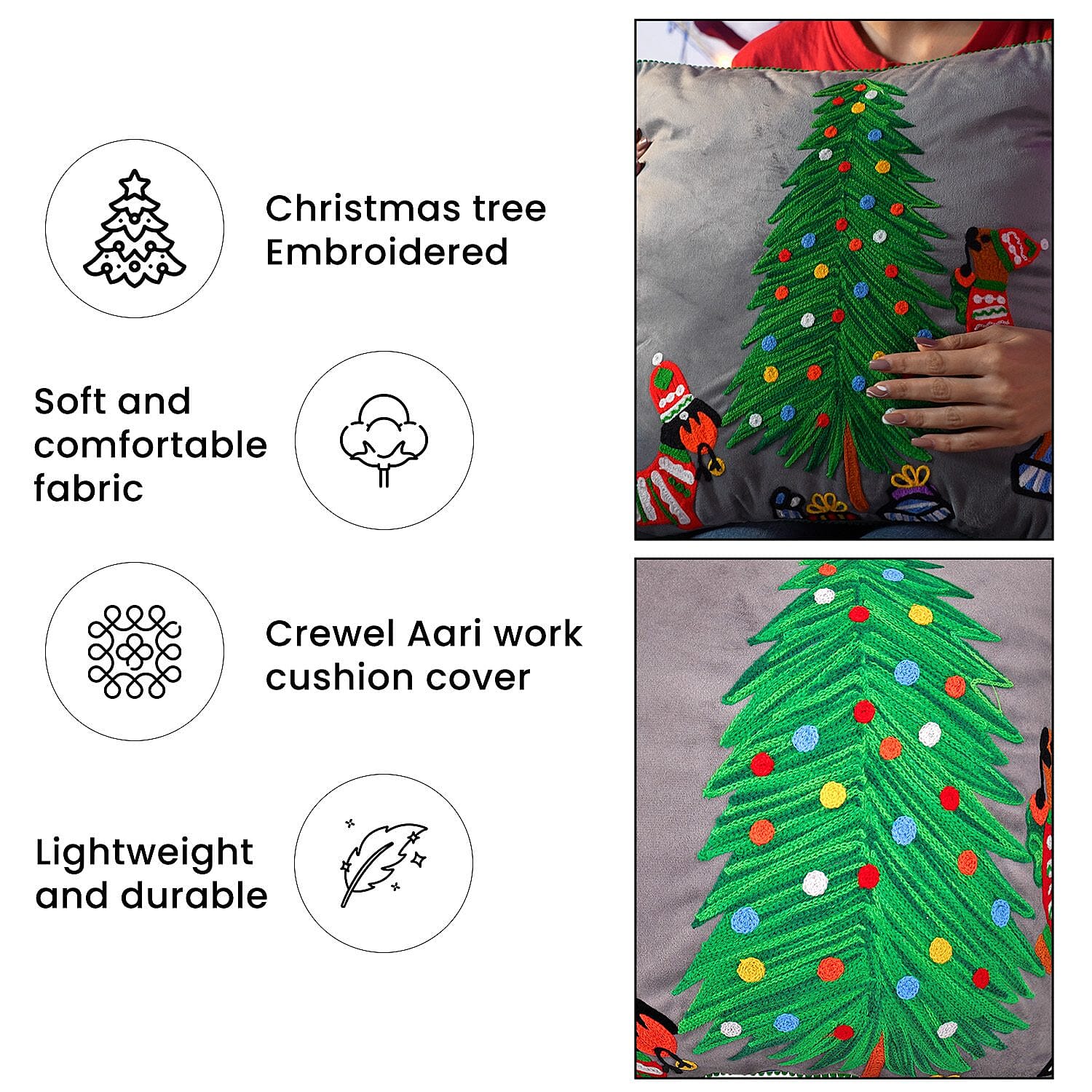 Cotton Christmas Tree-Dogs Embroidered Cushion Cover (Size 45 Cm) - Dark Grey 8962103 3