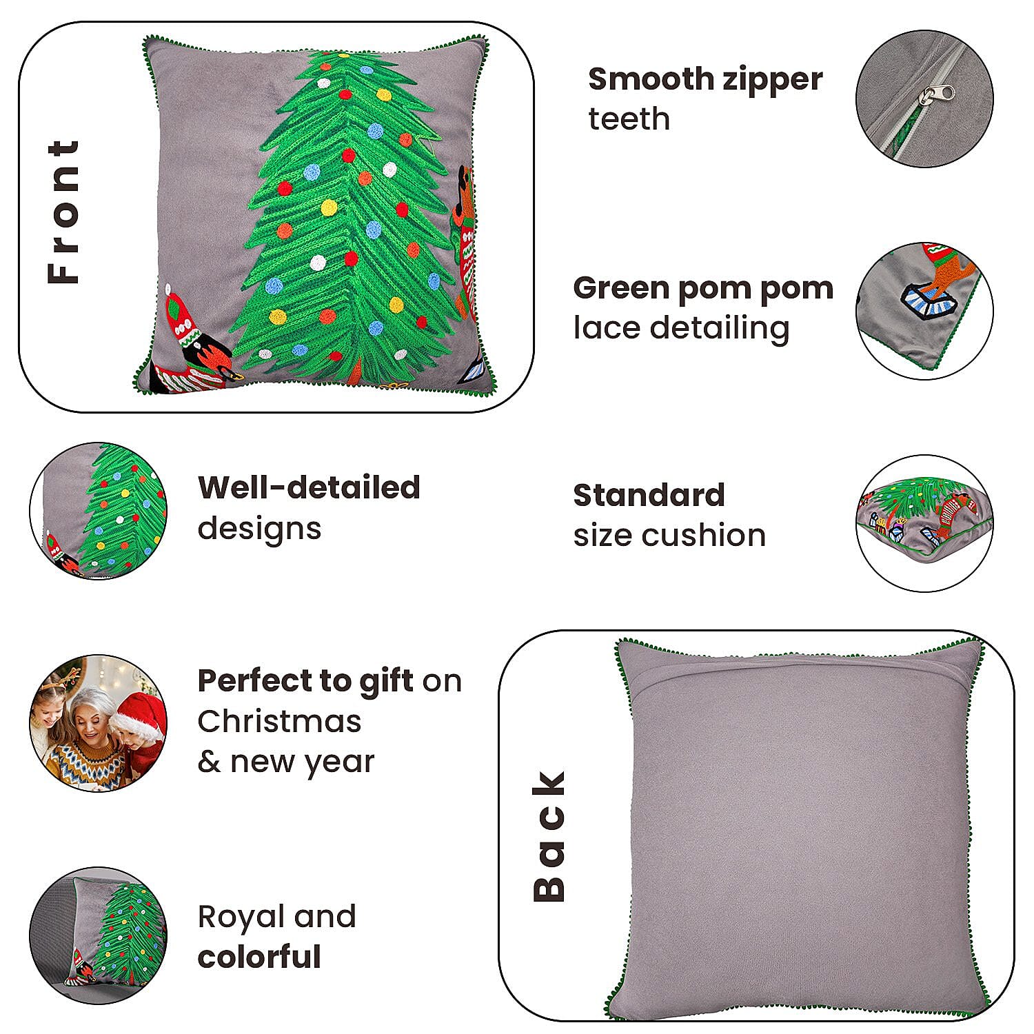 Cotton Christmas Tree-Dogs Embroidered Cushion Cover (Size 45 Cm) - Dark Grey 8962103 4