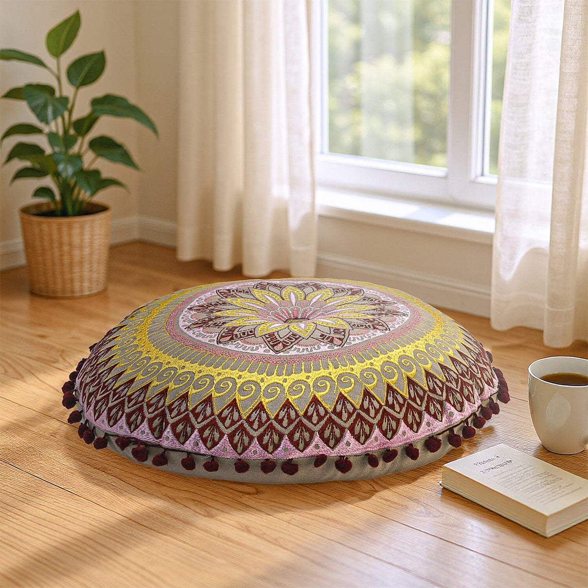 Cotton Floor Cushion with Embroidery &amp; Pom Pom 7817830 2