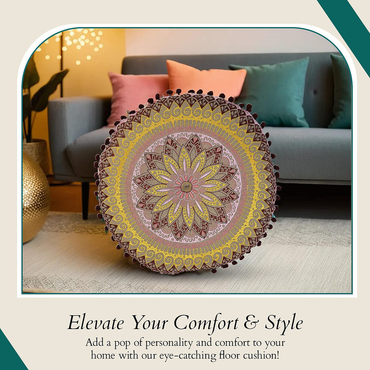 Cotton Floor Cushion with Embroidery &amp; Pom Pom 7817830 3