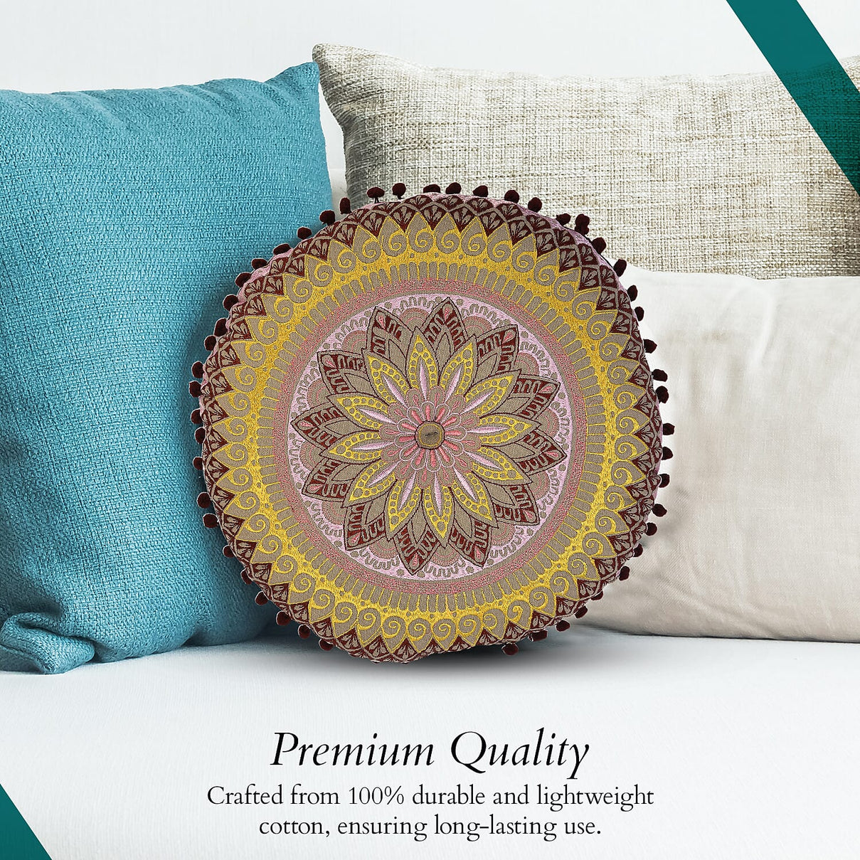 Cotton Floor Cushion with Embroidery &amp; Pom Pom 7817830 4