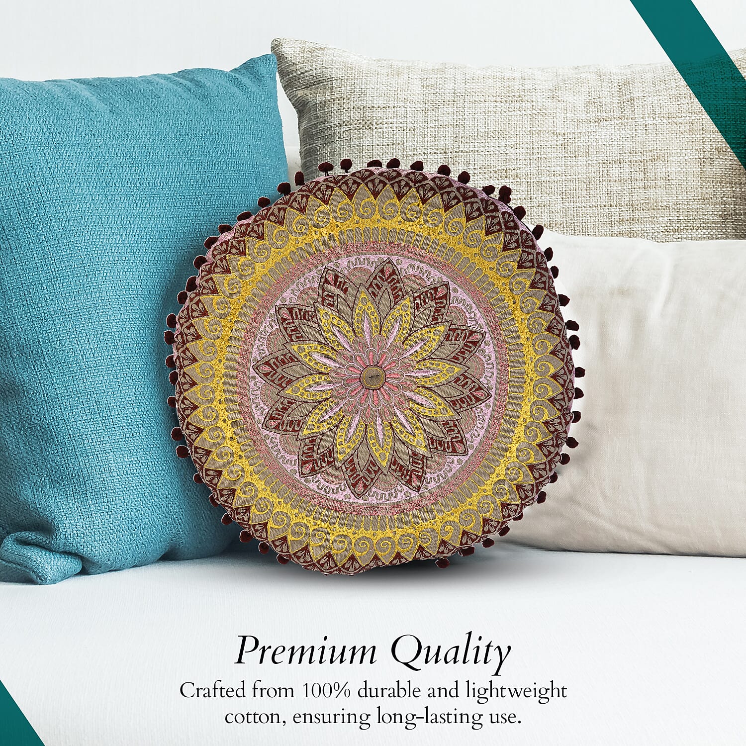 Cotton Floor Cushion with Embroidery &amp; Pom Pom 7817830 4