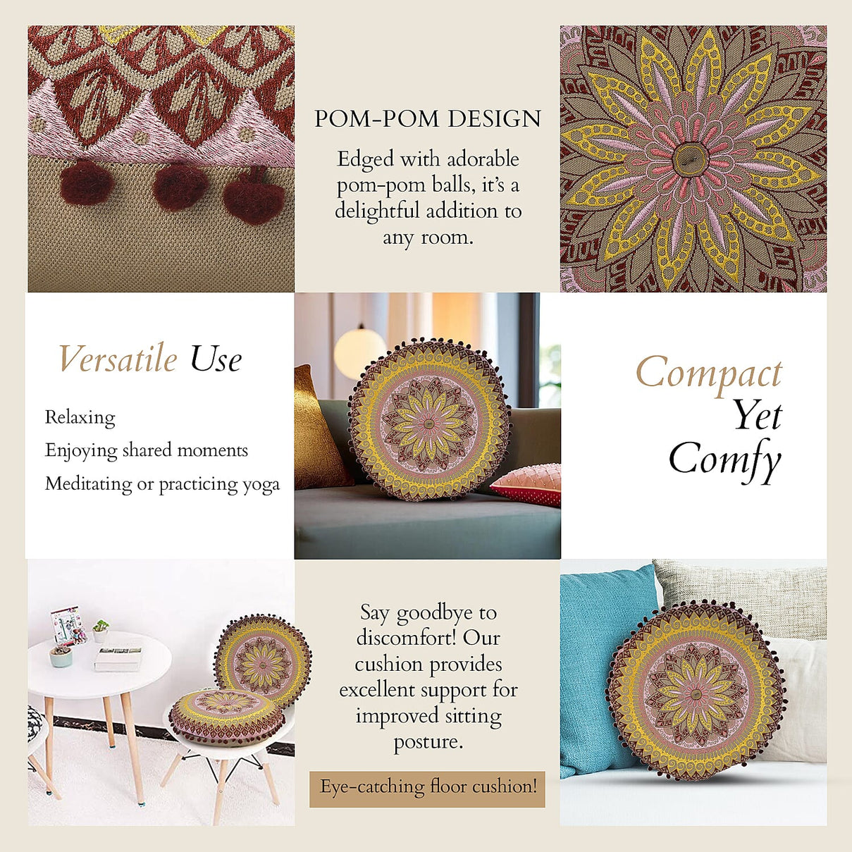 Cotton Floor Cushion with Embroidery &amp; Pom Pom 7817830 6