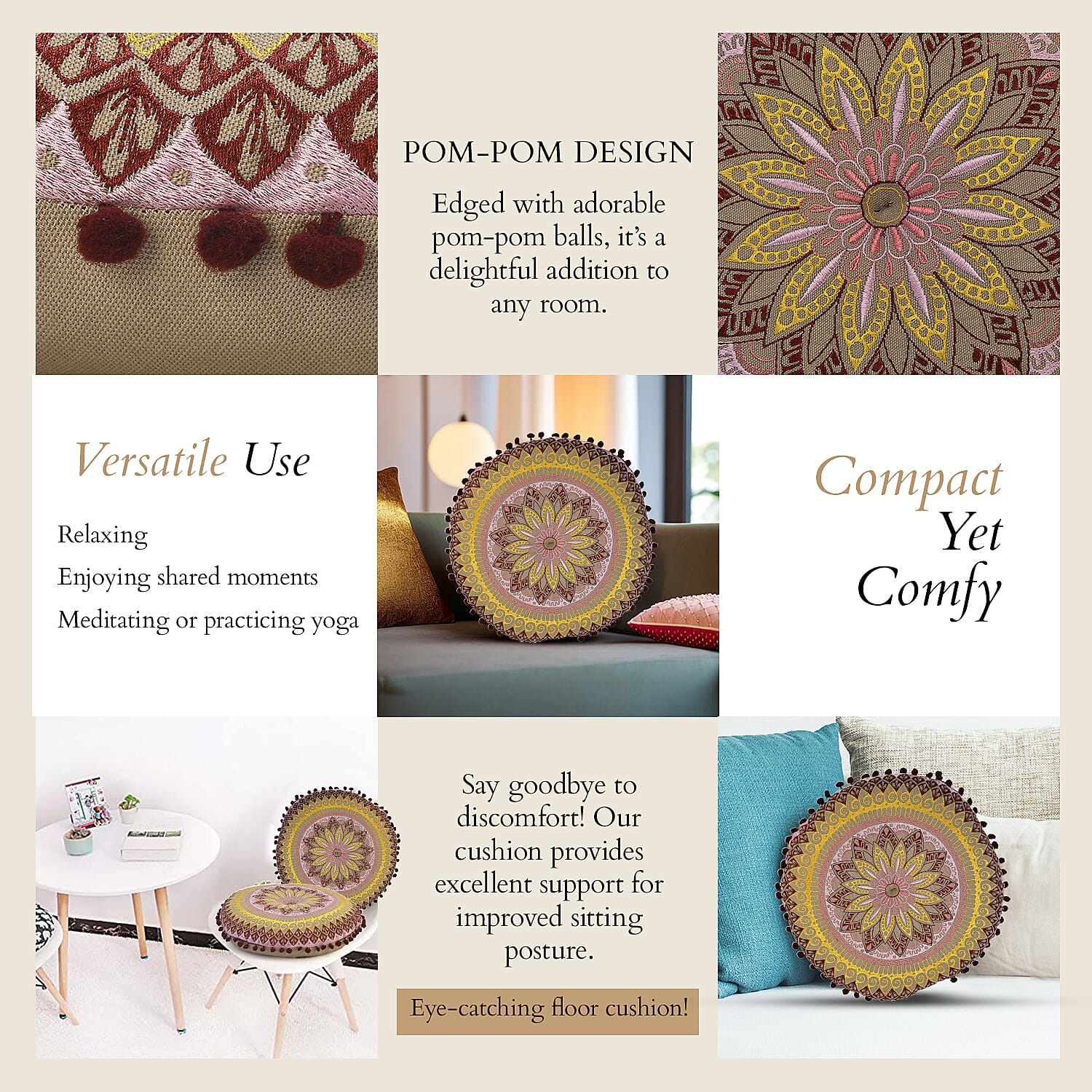 Cotton Floor Cushion with Embroidery &amp; Pom Pom 7817830 6