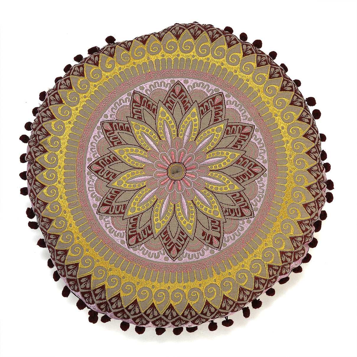 Cotton Floor Cushion with Embroidery &amp; Pom Pom 7817830 7
