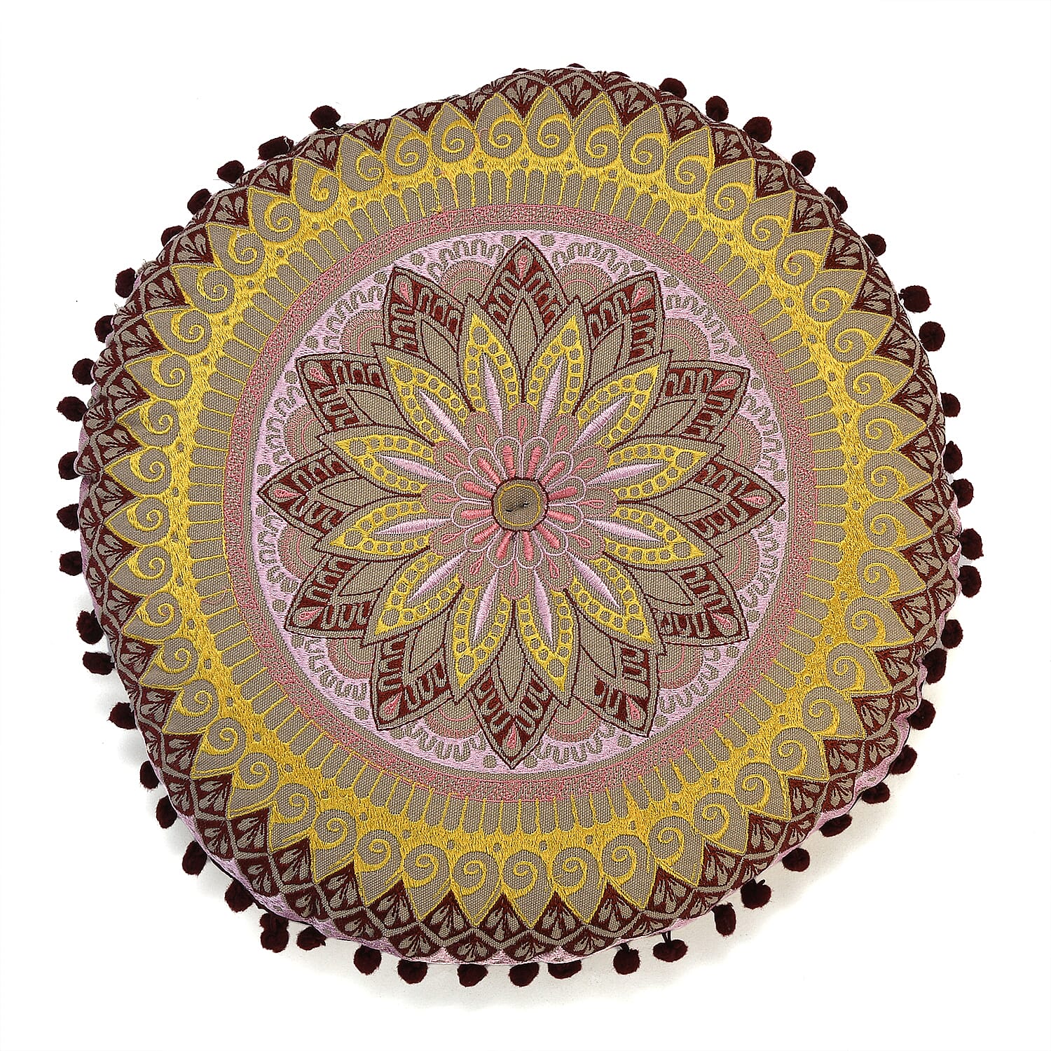 Cotton Floor Cushion with Embroidery &amp; Pom Pom 7817830 7