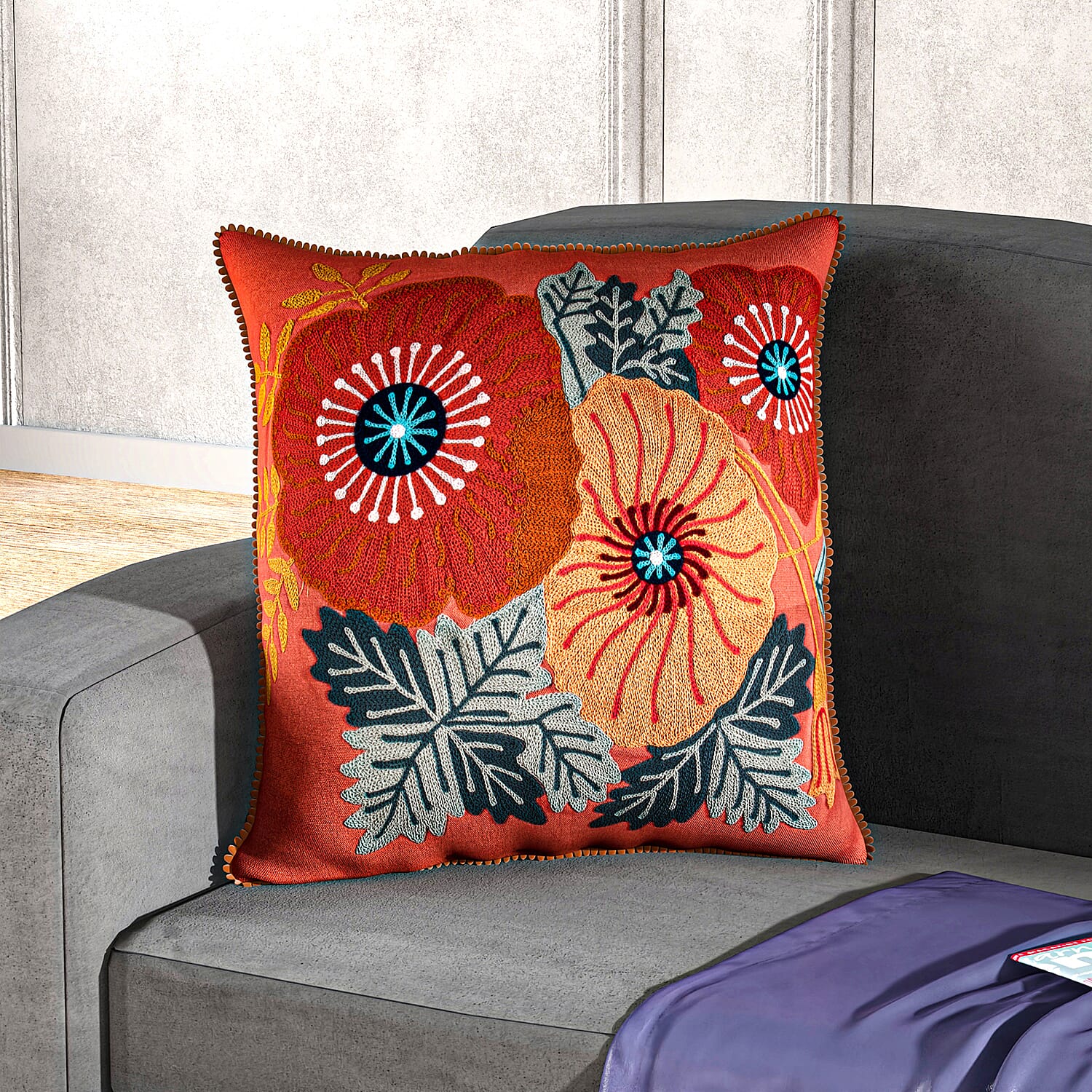 Cotton Flower Embroidered Cushion Cover (Size 45x45 Cm) - Peach 8961522 8