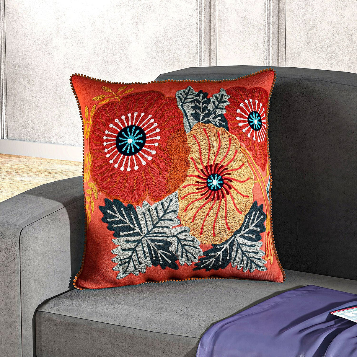 Cotton Flower Embroidered Cushion Cover (Size 45x45 Cm) - Peach 8961522 0