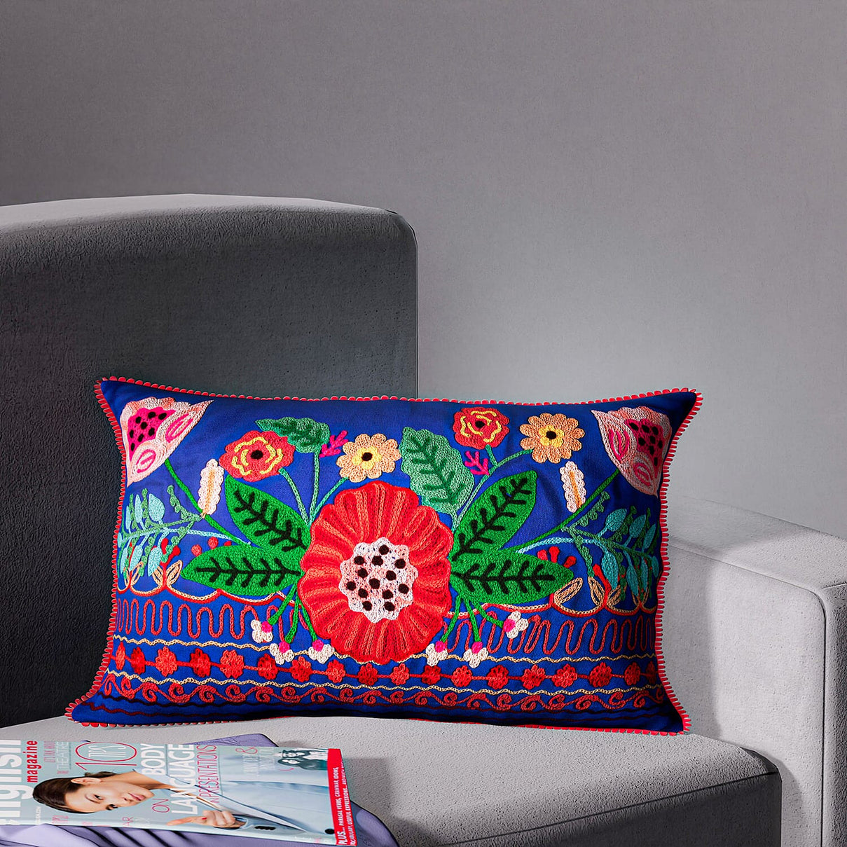 Cotton Flower Embroidered Lumber Cushion Cover (Size 50x30 Cm) - Blue &amp; Multi 8961608 8