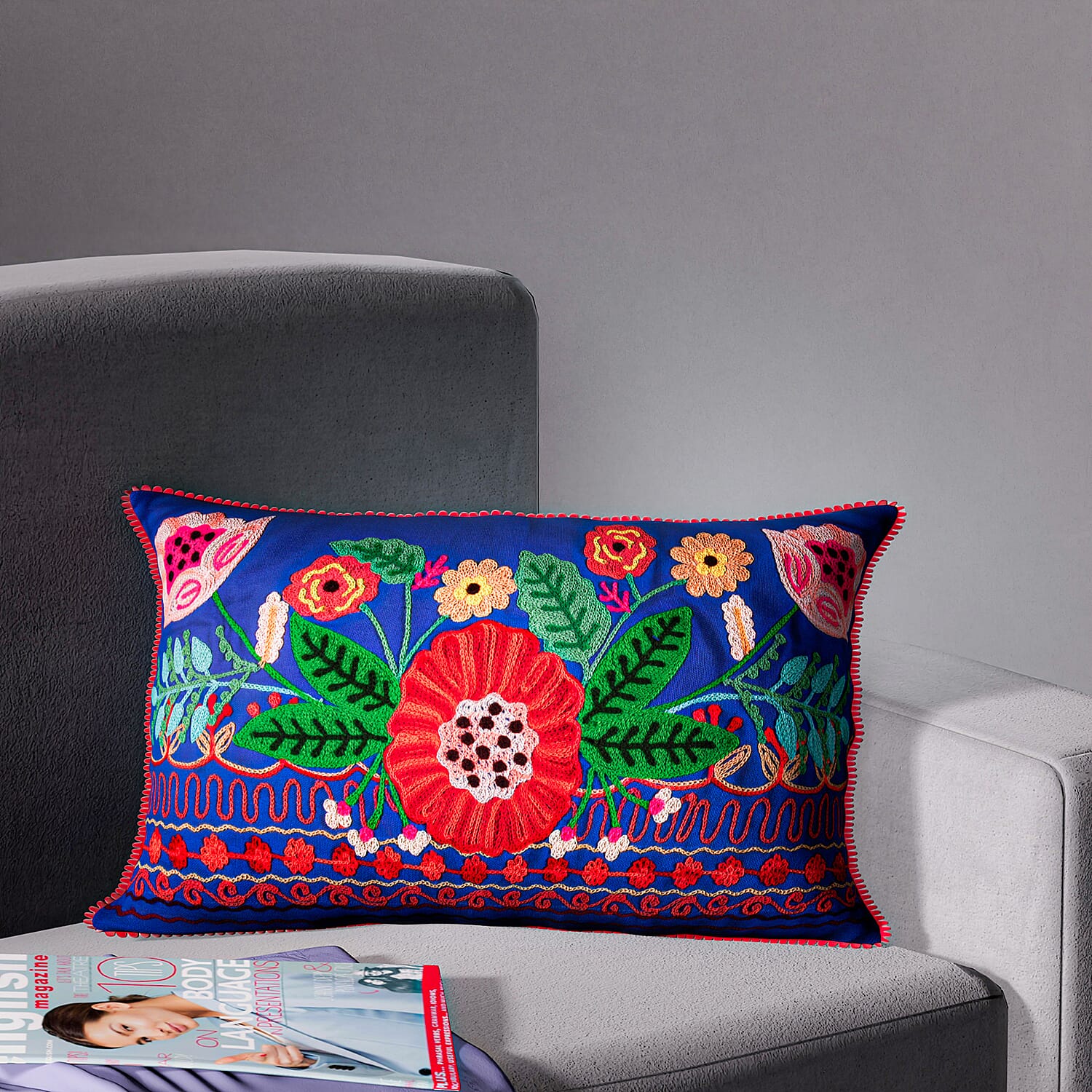 Cotton Flower Embroidered Lumber Cushion Cover (Size 50x30 Cm) - Blue &amp; Multi 8961608 8