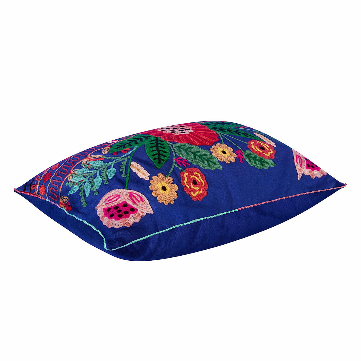 Cotton Flower Embroidered Lumber Cushion Cover (Size 50x30 Cm) - Blue &amp; Multi 8961608 10
