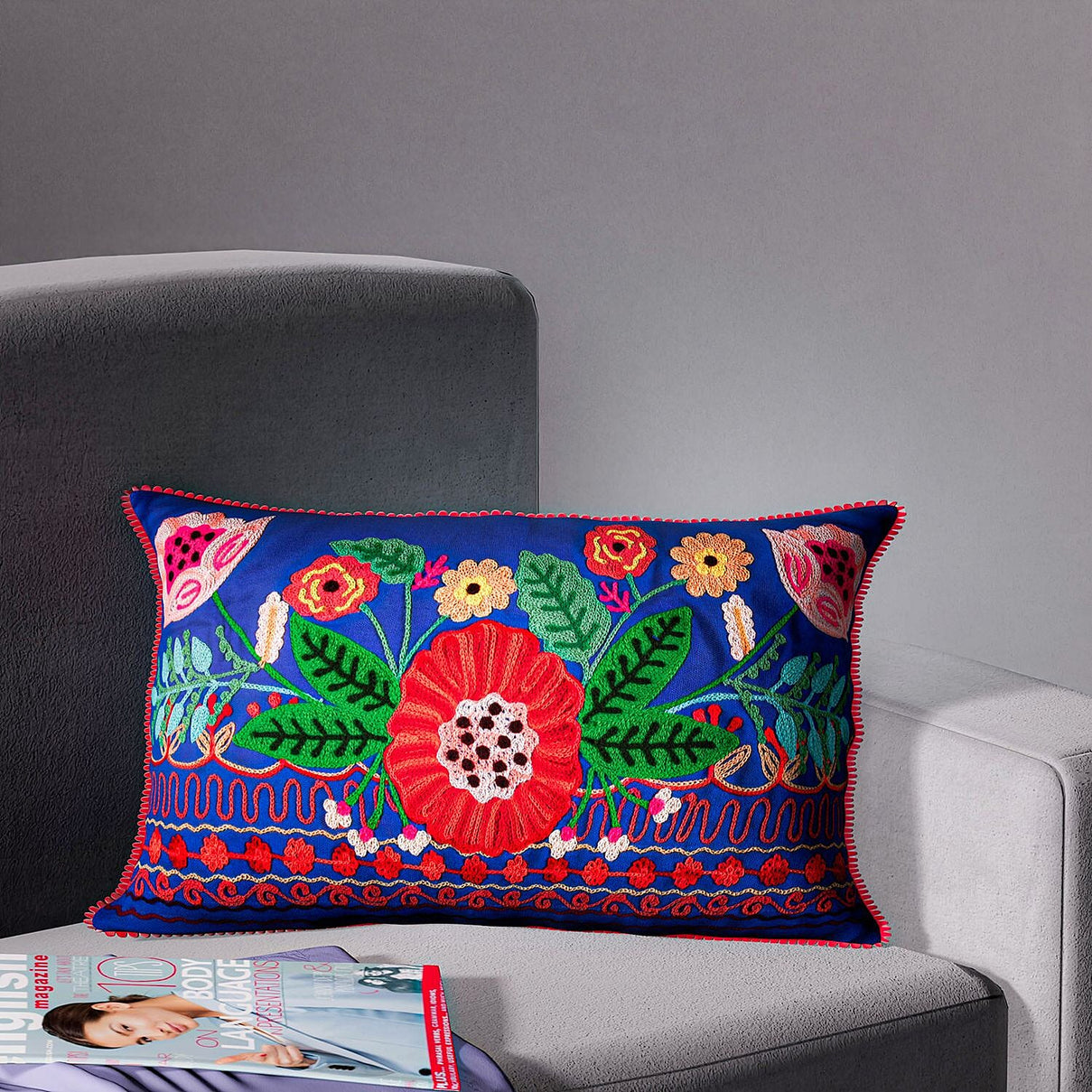 Cotton Flower Embroidered Lumber Cushion Cover (Size 50x30 Cm) - Blue &amp; Multi 8961608 0