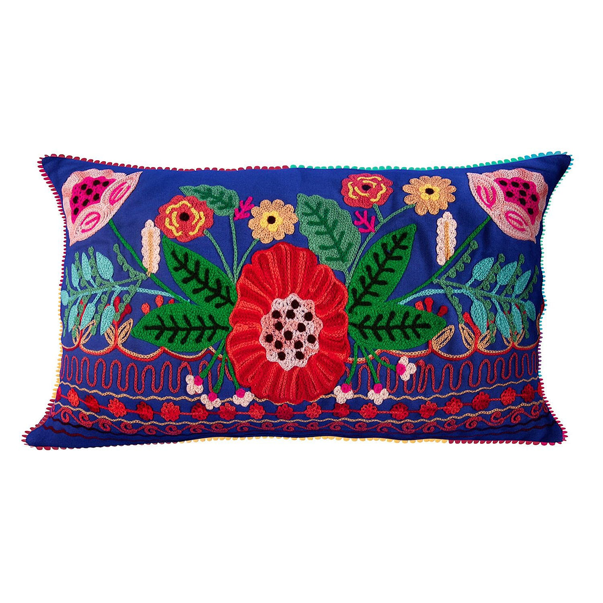 Cotton Flower Embroidered Lumber Cushion Cover (Size 50x30 Cm) - Blue &amp; Multi 8961608 2