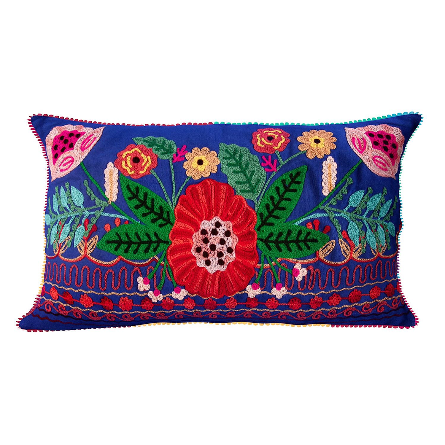 Cotton Flower Embroidered Lumber Cushion Cover (Size 50x30 Cm) - Blue &amp; Multi 8961608 2