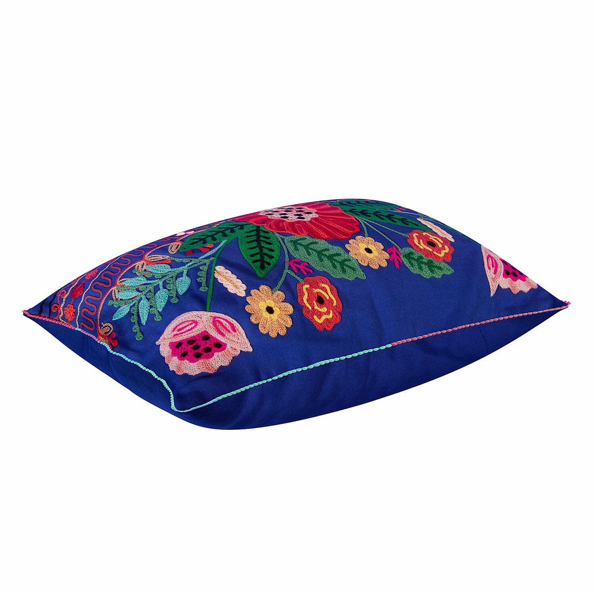 Cotton Flower Embroidered Lumber Cushion Cover (Size 50x30 Cm) - Blue &amp; Multi 8961608 3
