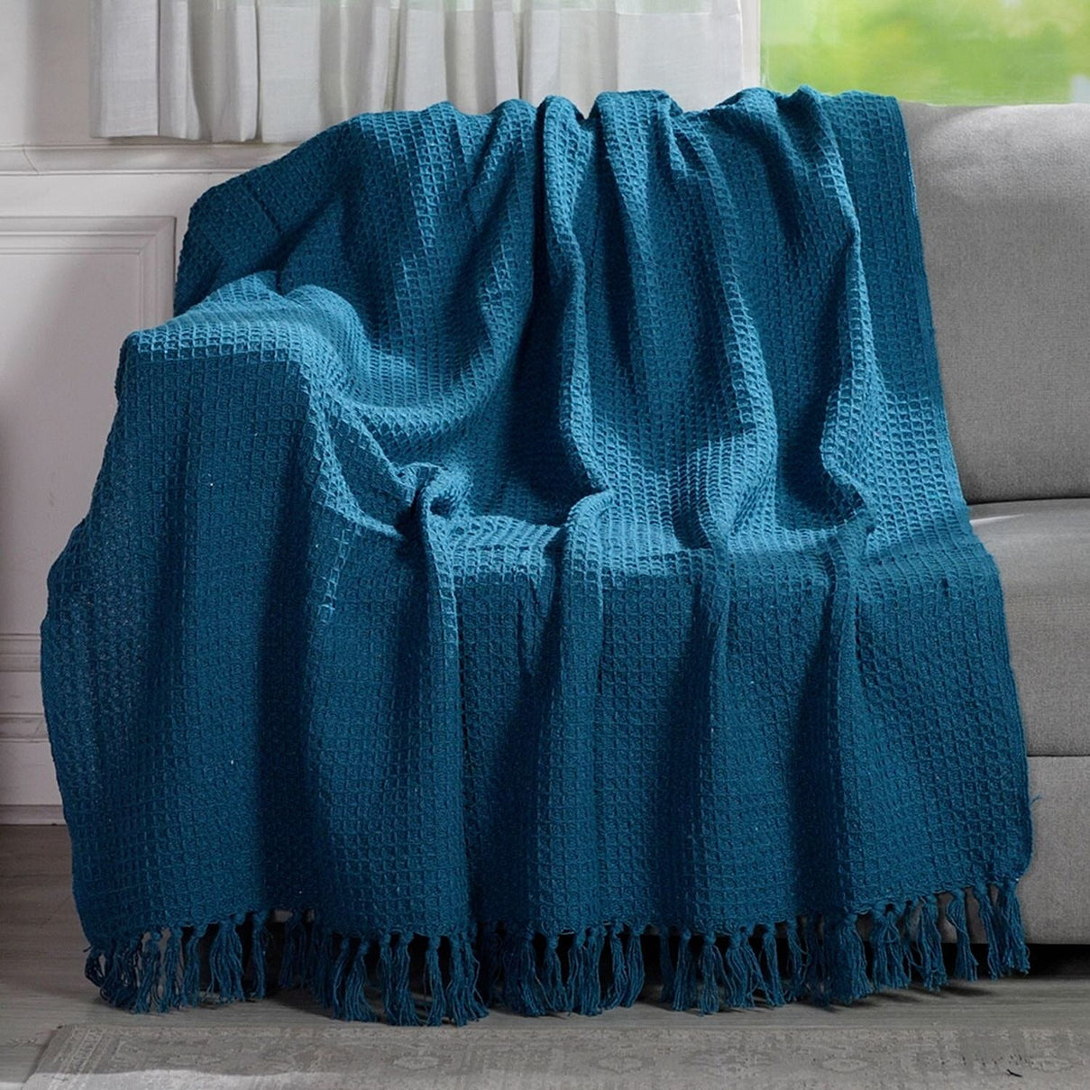 Cotton Honeycomb Throw Blanket (Size 131x120 Cm) - Navy 8857752 2