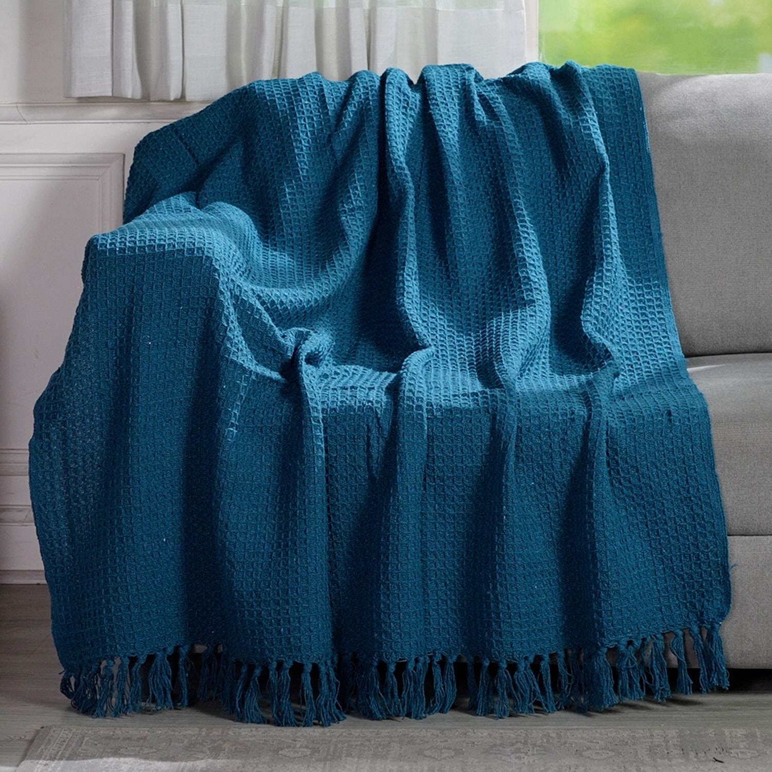 Cotton Honeycomb Throw Blanket (Size 131x120 Cm) - Navy 8857752 2