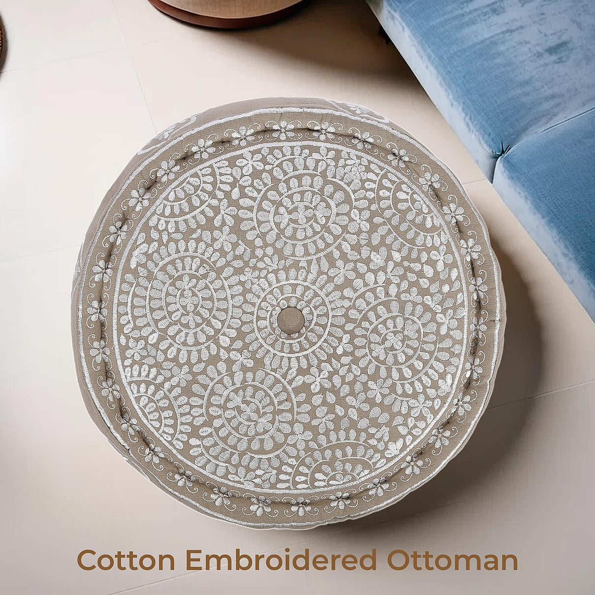 Cotton Ottoman With Embroidery (Size 40x25 cm) - White and Multicolour 7817799 5