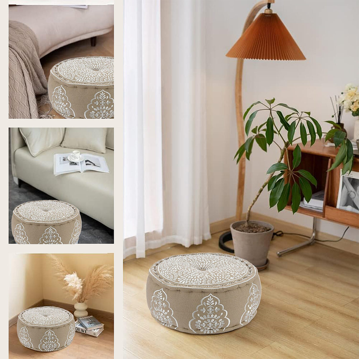 Cotton Ottoman With Embroidery (Size 40x25 cm) - White and Multicolour 7817799 7