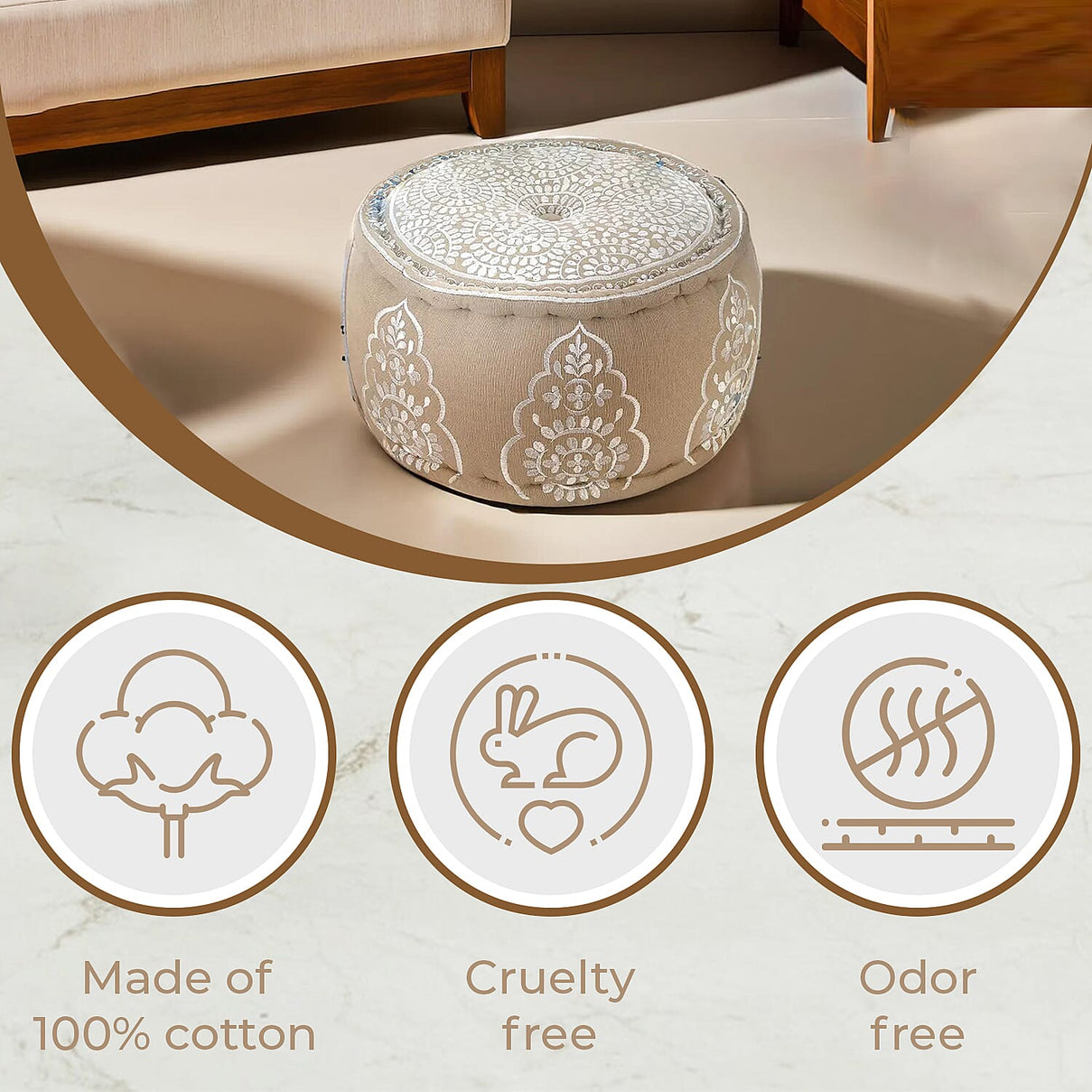 Cotton Ottoman With Embroidery (Size 40x25 cm) - White and Multicolour 7817799 9