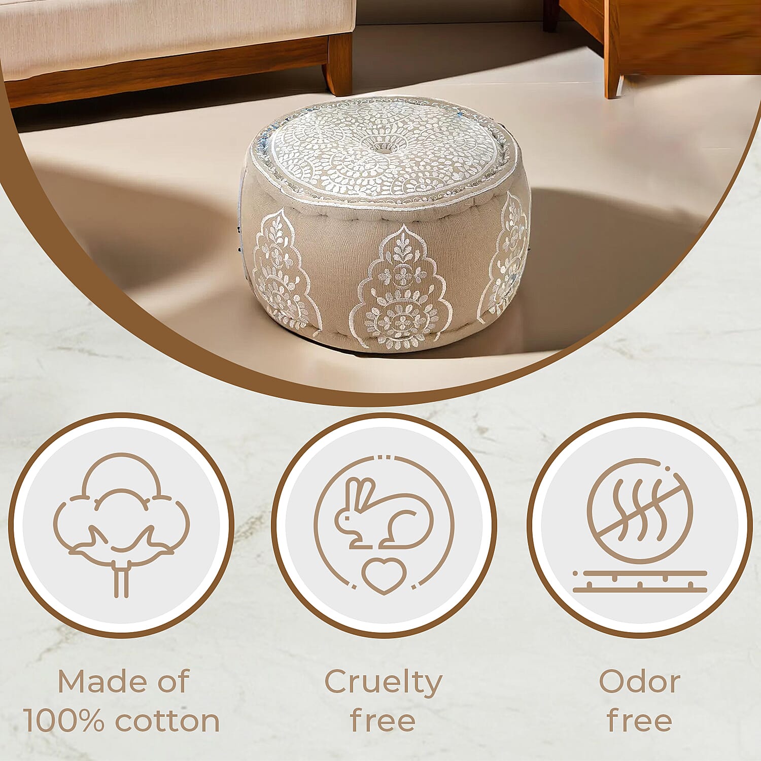 Cotton Ottoman With Embroidery (Size 40x25 cm) - White and Multicolour 7817799 9
