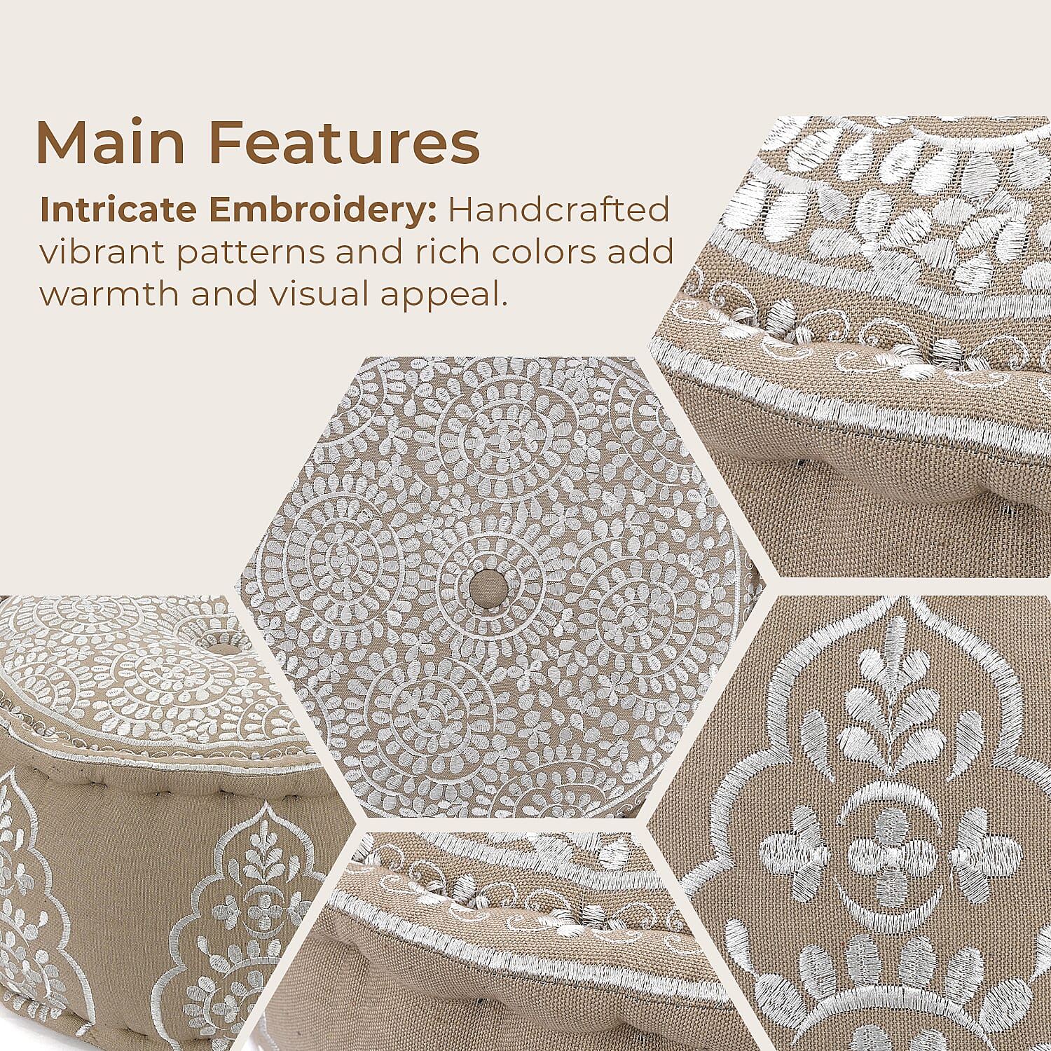 Cotton Ottoman With Embroidery (Size 40x25 cm) - White and Multicolour 7817799 10