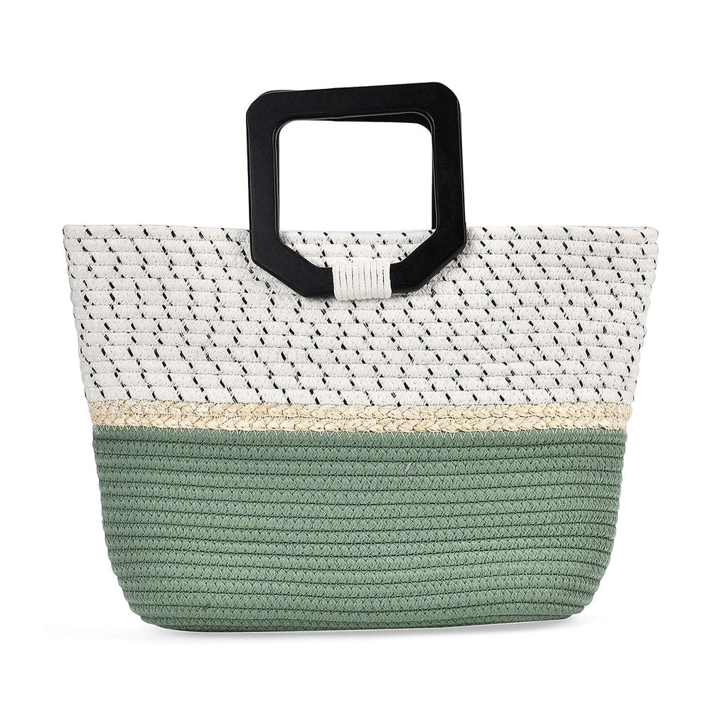 100% Cotton Knitted Handbag with Wooden Handle - White & Green