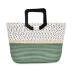 100% Cotton Knitted Handbag with Wooden Handle - White & Green