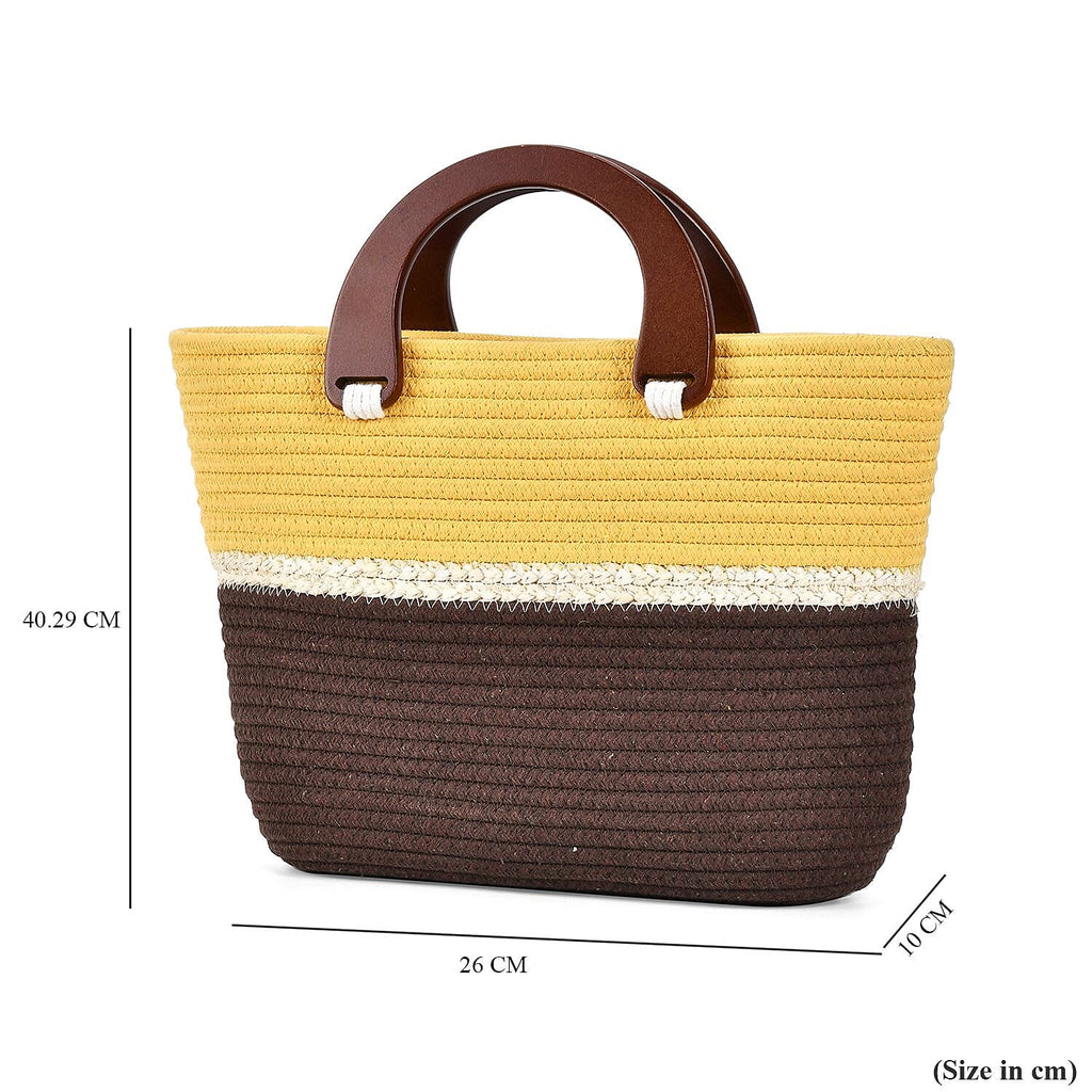 100% Cotton Knitted Handbag with Wooden Handle - Yellow & Brown