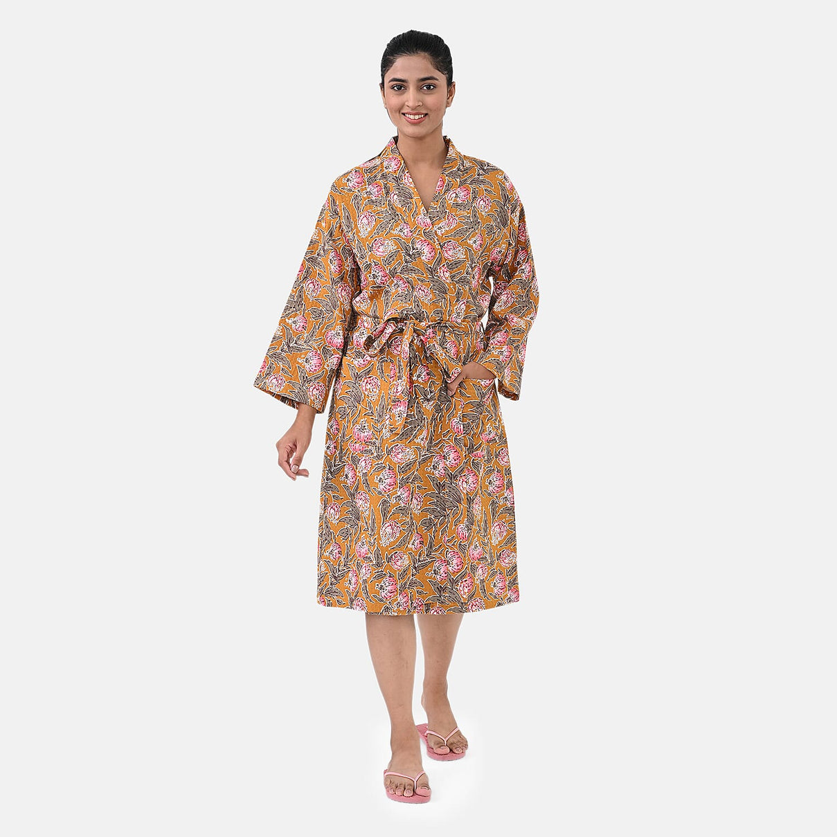 Cotton Printed Robe (Size - One Size) - Mustard &amp; Pink 8169815 0