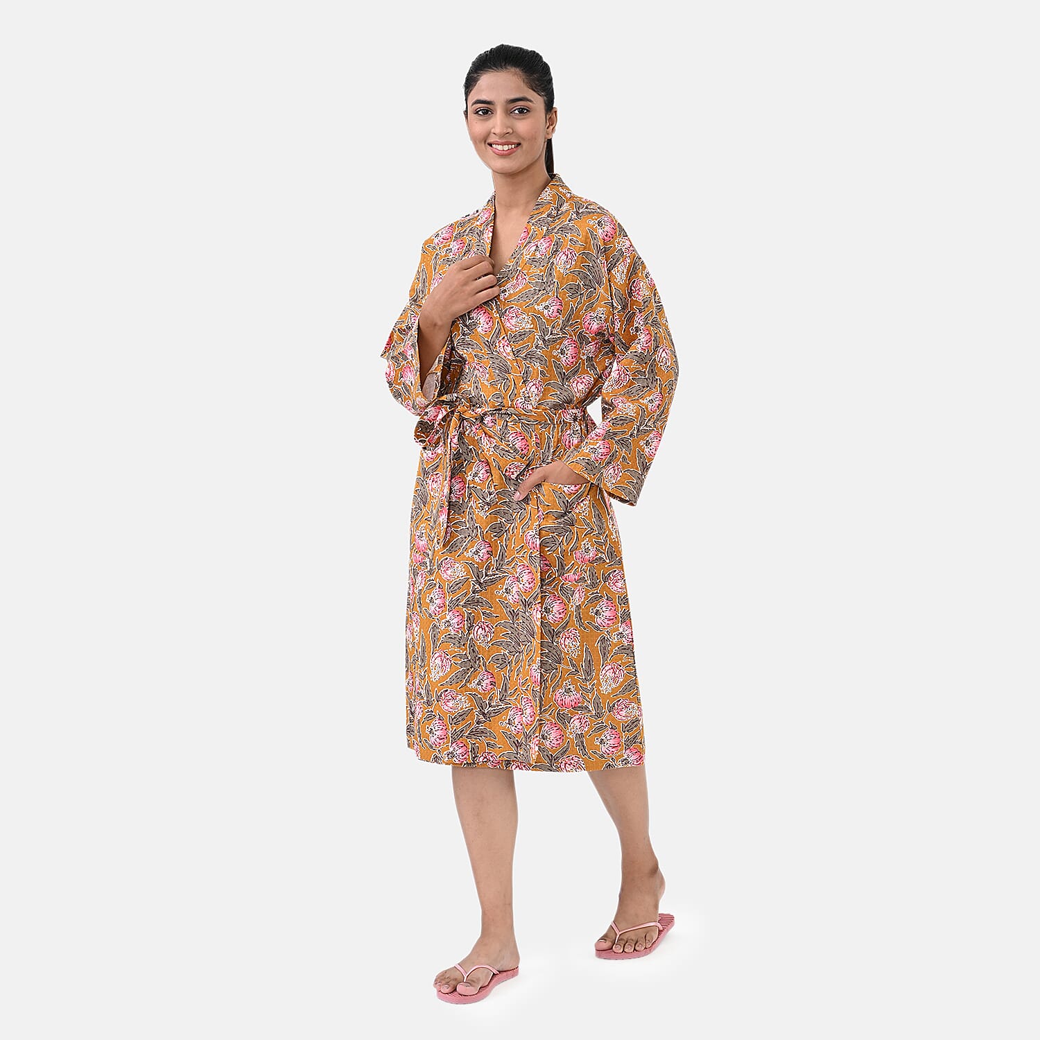 Cotton Printed Robe (Size - One Size) - Mustard &amp; Pink 8169815 2