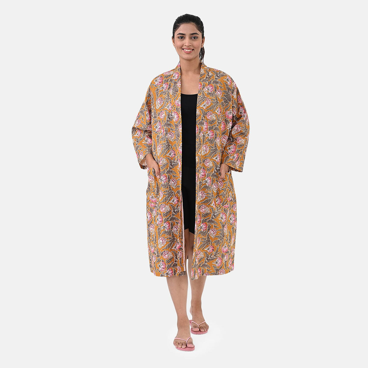 Cotton Printed Robe (Size - One Size) - Mustard &amp; Pink 8169815 3