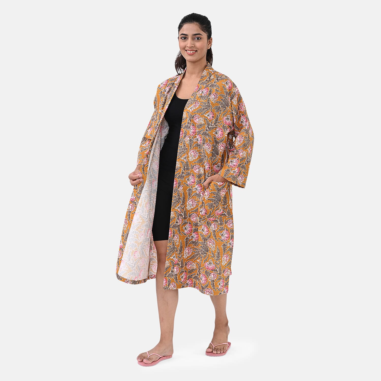 Cotton Printed Robe (Size - One Size) - Mustard &amp; Pink 8169815 4