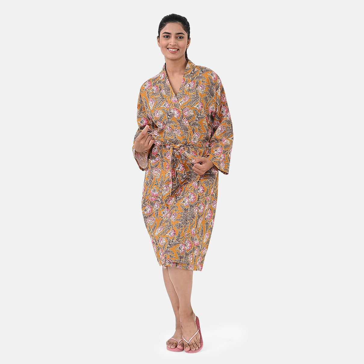 Cotton Printed Robe (Size - One Size) - Mustard &amp; Pink 8169815 5