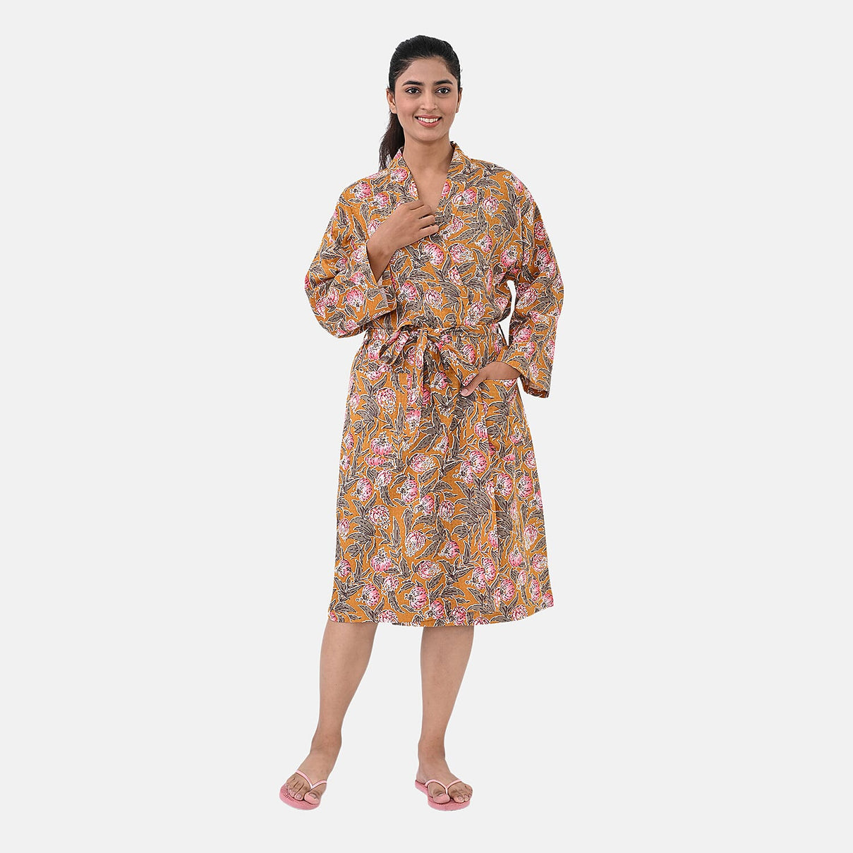 Cotton Printed Robe (Size - One Size) - Mustard &amp; Pink 8169815 6