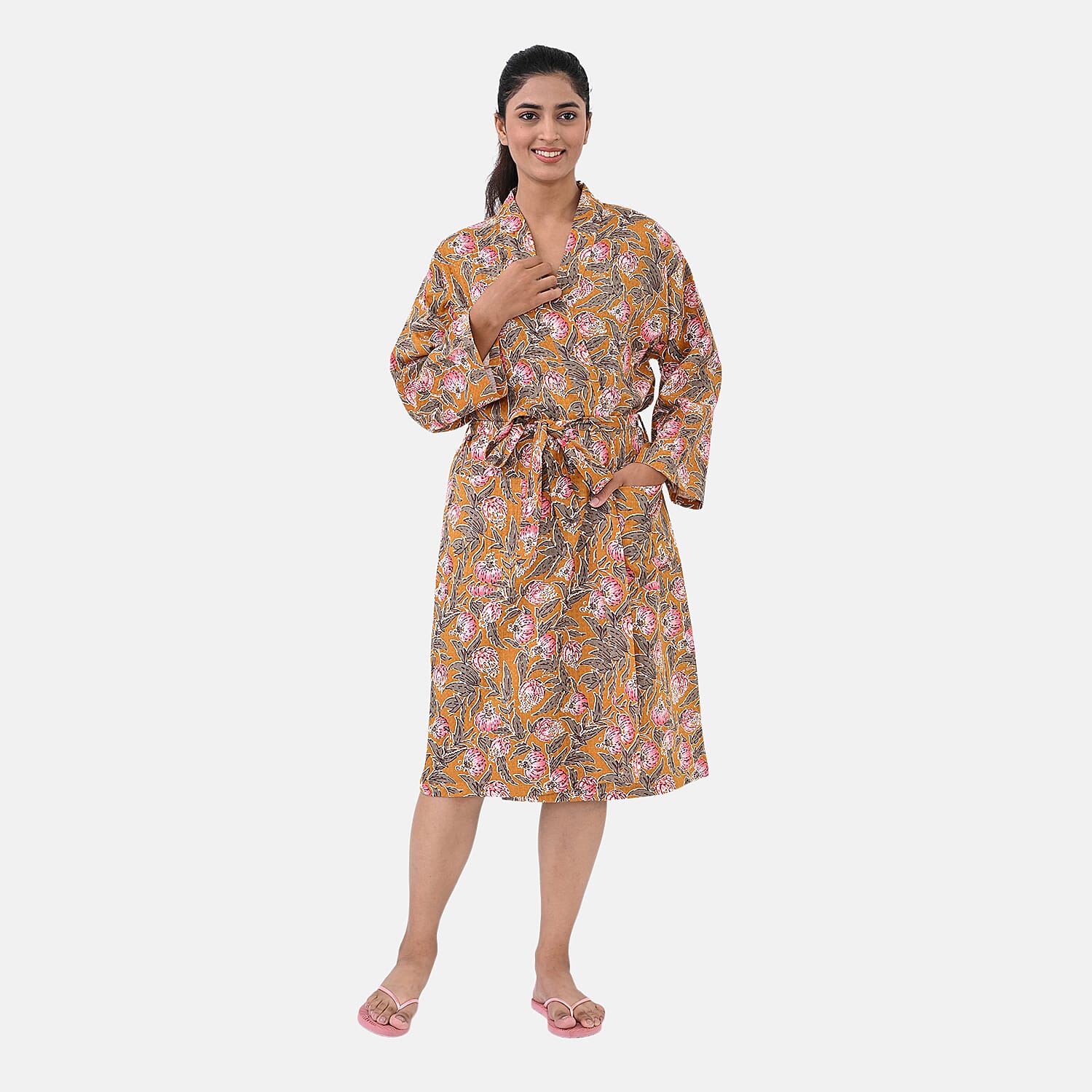 Cotton Printed Robe (Size - One Size) - Mustard &amp; Pink 8169815 6