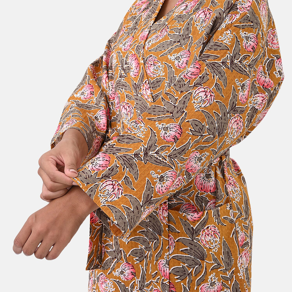 Cotton Printed Robe (Size - One Size) - Mustard &amp; Pink 8169815 8
