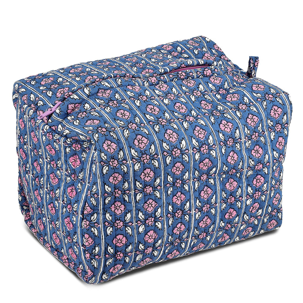 Set of 4- Floral Pattern Quilted Fabric Cosmetic Pouches - Navy &amp; Purple 8085540 1