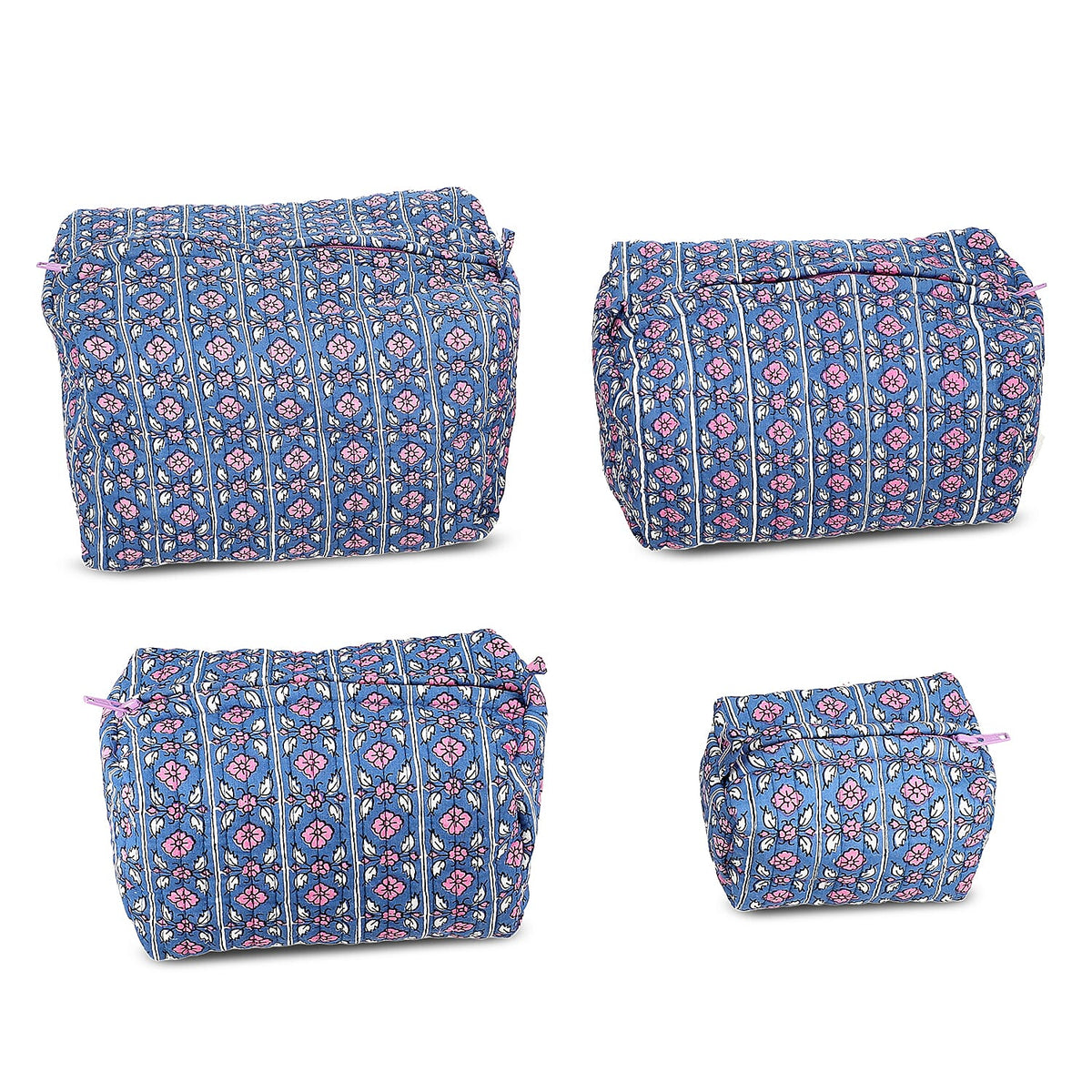 Set of 4- Floral Pattern Quilted Fabric Cosmetic Pouches - Navy &amp; Purple 8085540 4