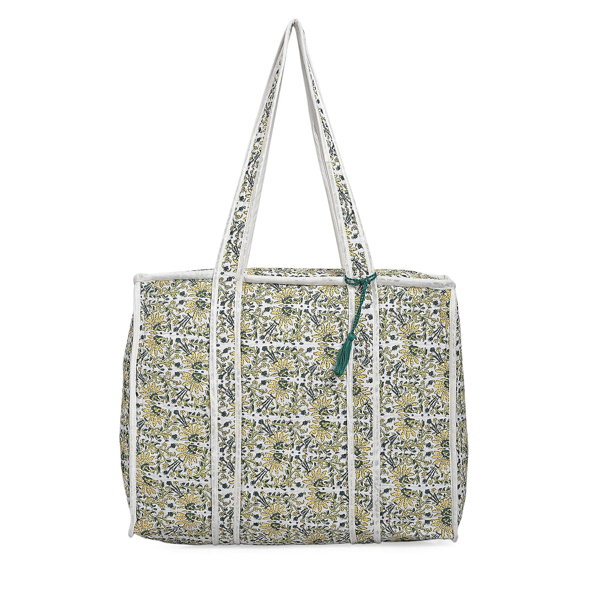 Quilted Fabric Flower Pattern Tote Bag with Zipper Closure - White, Yellow &amp; Green 8086081 0