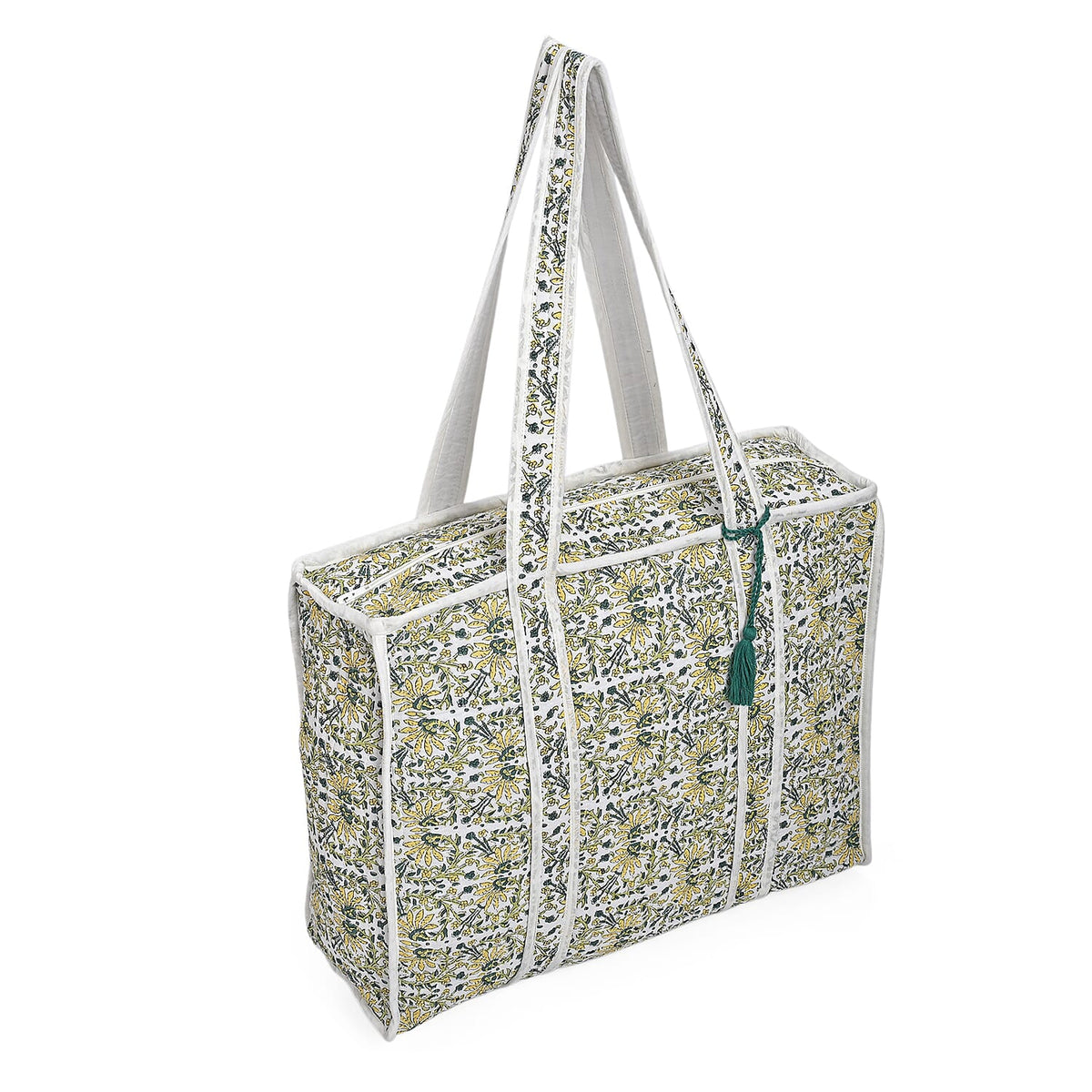 Quilted Fabric Flower Pattern Tote Bag with Zipper Closure - White, Yellow &amp; Green 8086081 2