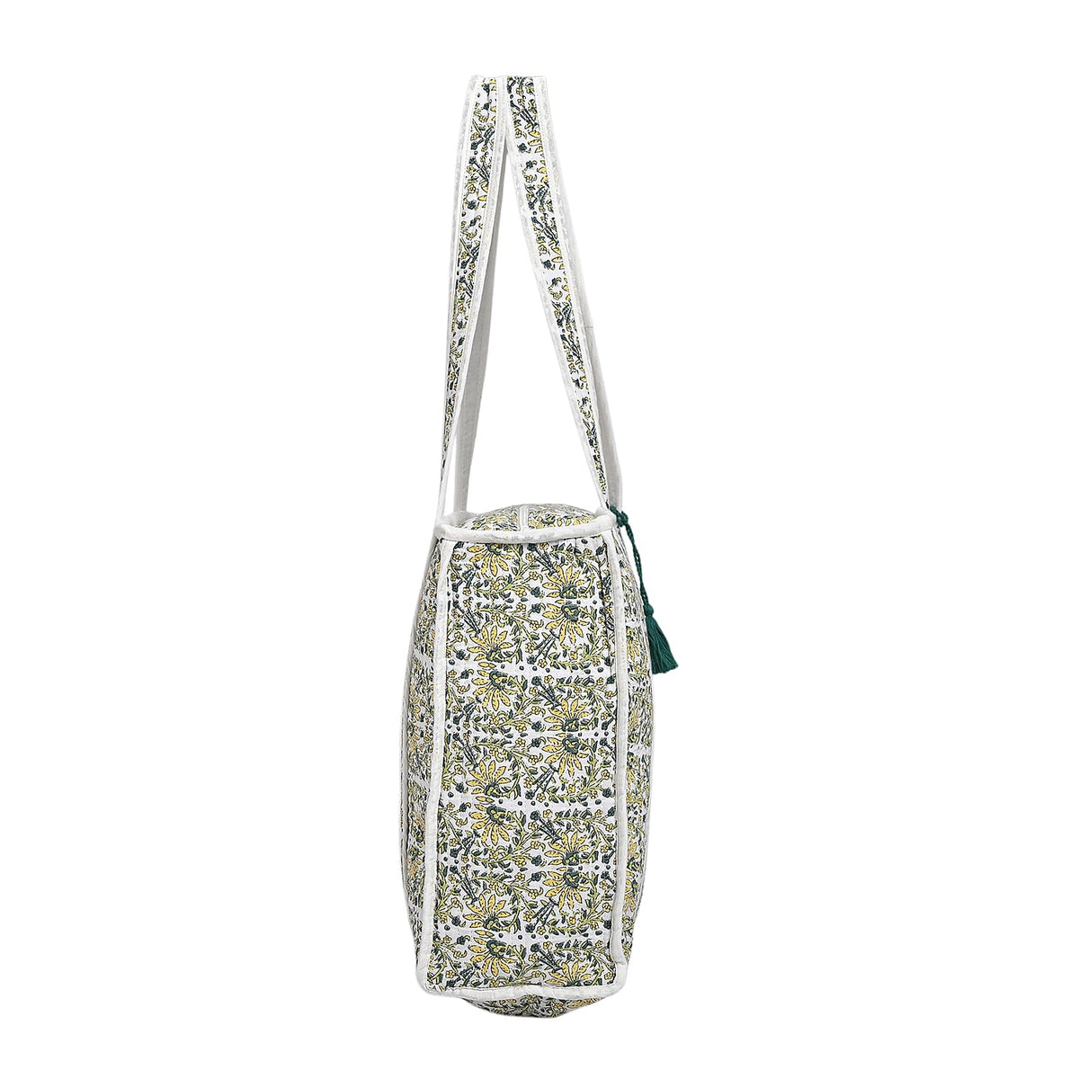 Quilted Fabric Flower Pattern Tote Bag with Zipper Closure - White, Yellow &amp; Green 8086081 3