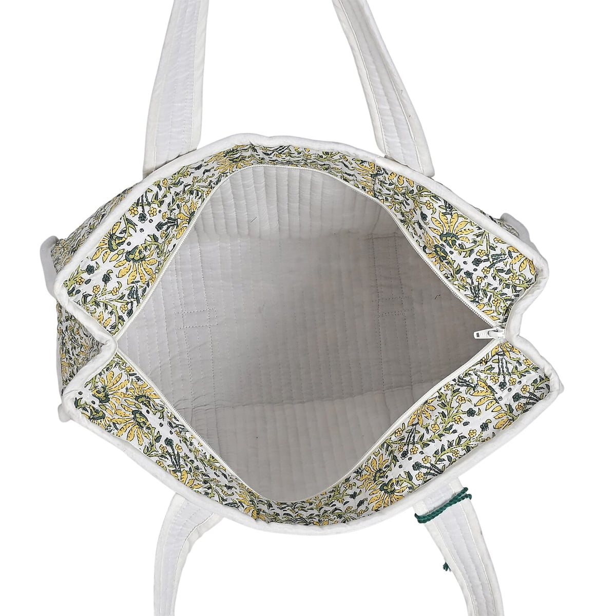 Quilted Fabric Flower Pattern Tote Bag with Zipper Closure - White, Yellow &amp; Green 8086081 5