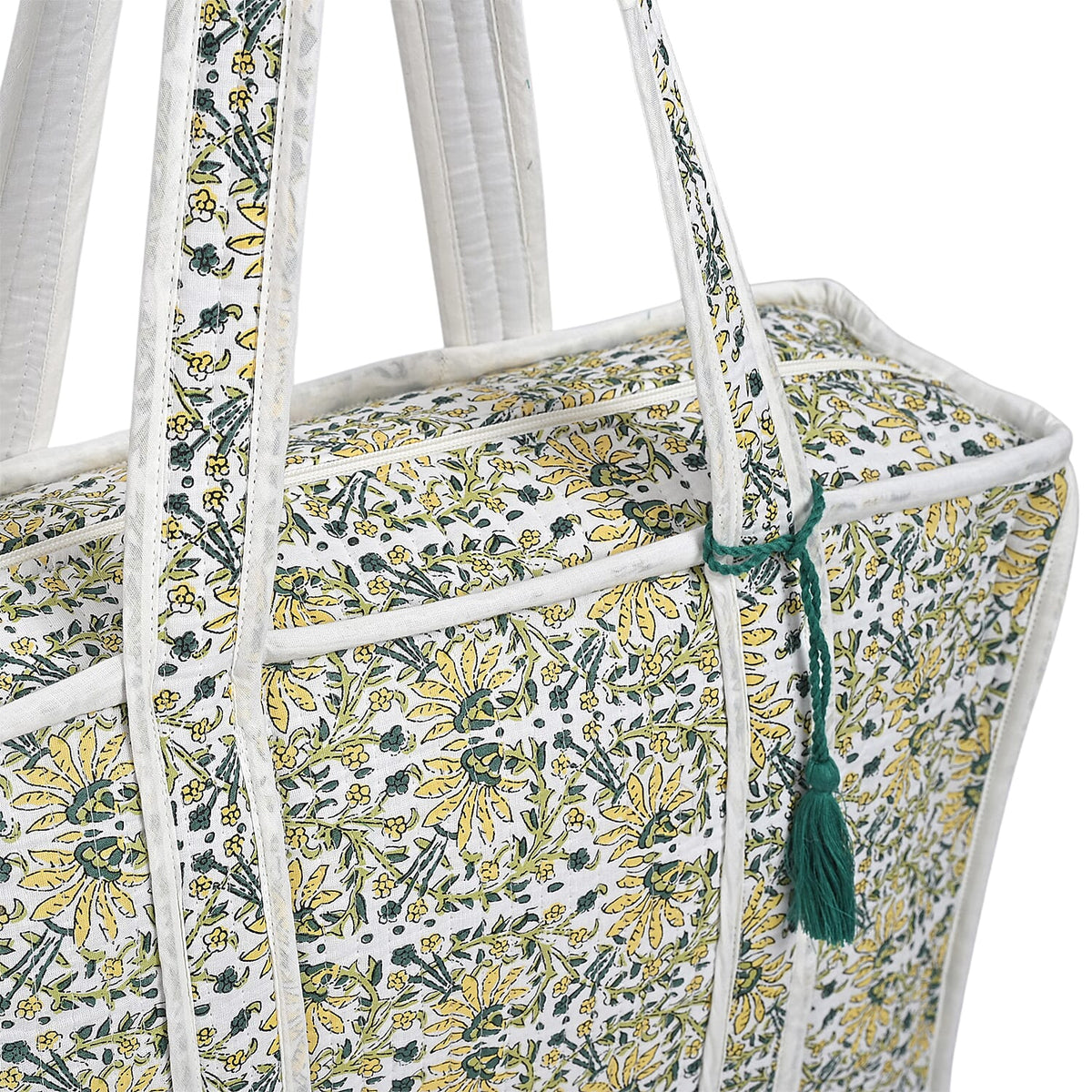 Quilted Fabric Flower Pattern Tote Bag with Zipper Closure - White, Yellow &amp; Green 8086081 6