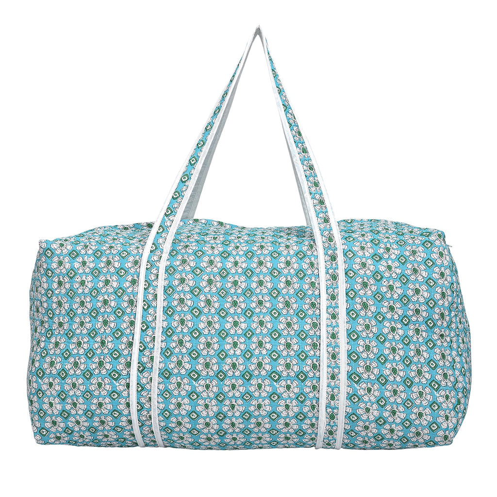 Cotton Hand - Block Floral Print Quilted Travel Duffel Bag - Turquoise Green & White