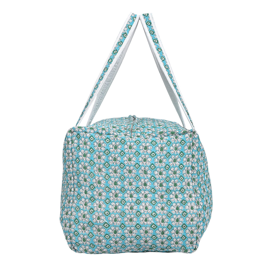 Cotton Hand - Block Floral Print Quilted Travel Duffel Bag - Turquoise Green & White