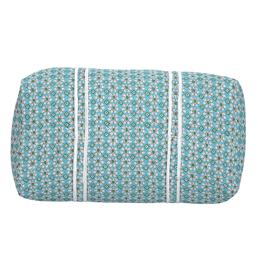 Cotton Hand - Block Floral Print Quilted Travel Duffel Bag - Turquoise Green & White