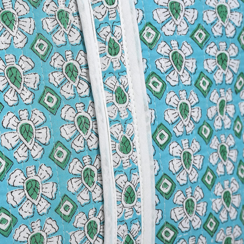 Cotton Hand - Block Floral Print Quilted Travel Duffel Bag - Turquoise Green & White