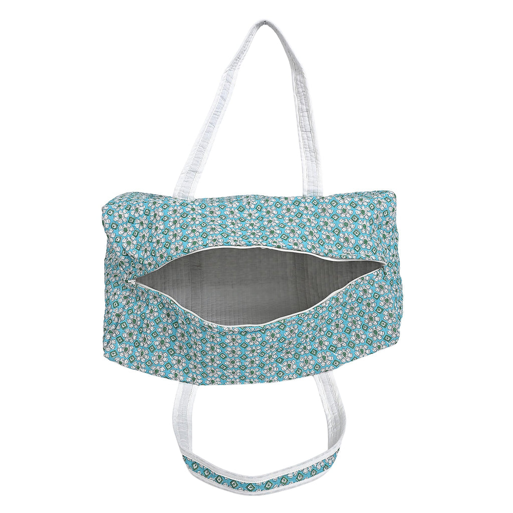 Cotton Hand - Block Floral Print Quilted Travel Duffel Bag - Turquoise Green & White